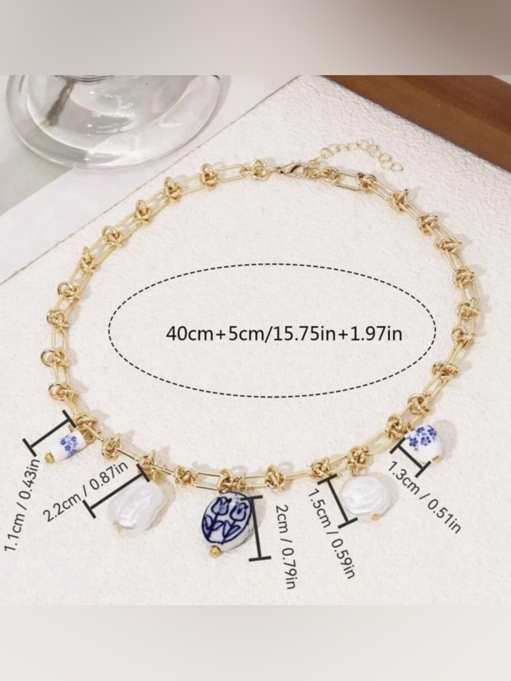 Anthropologie Gold Chain Necklace with Blue & White Porcelain and Pearl Charms - Picture 3 of 3